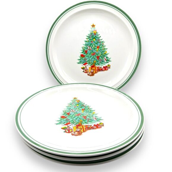 Anchor Other - 4 Vintage Christmas Tree Coffee Plate 10” Anchor Hocking Stoneware Holiday Magic